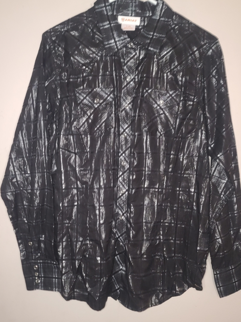 Ariat Womens Black Metallic Shimmer Plaid Western Pearl Snap Sheer Shirt Sz L
